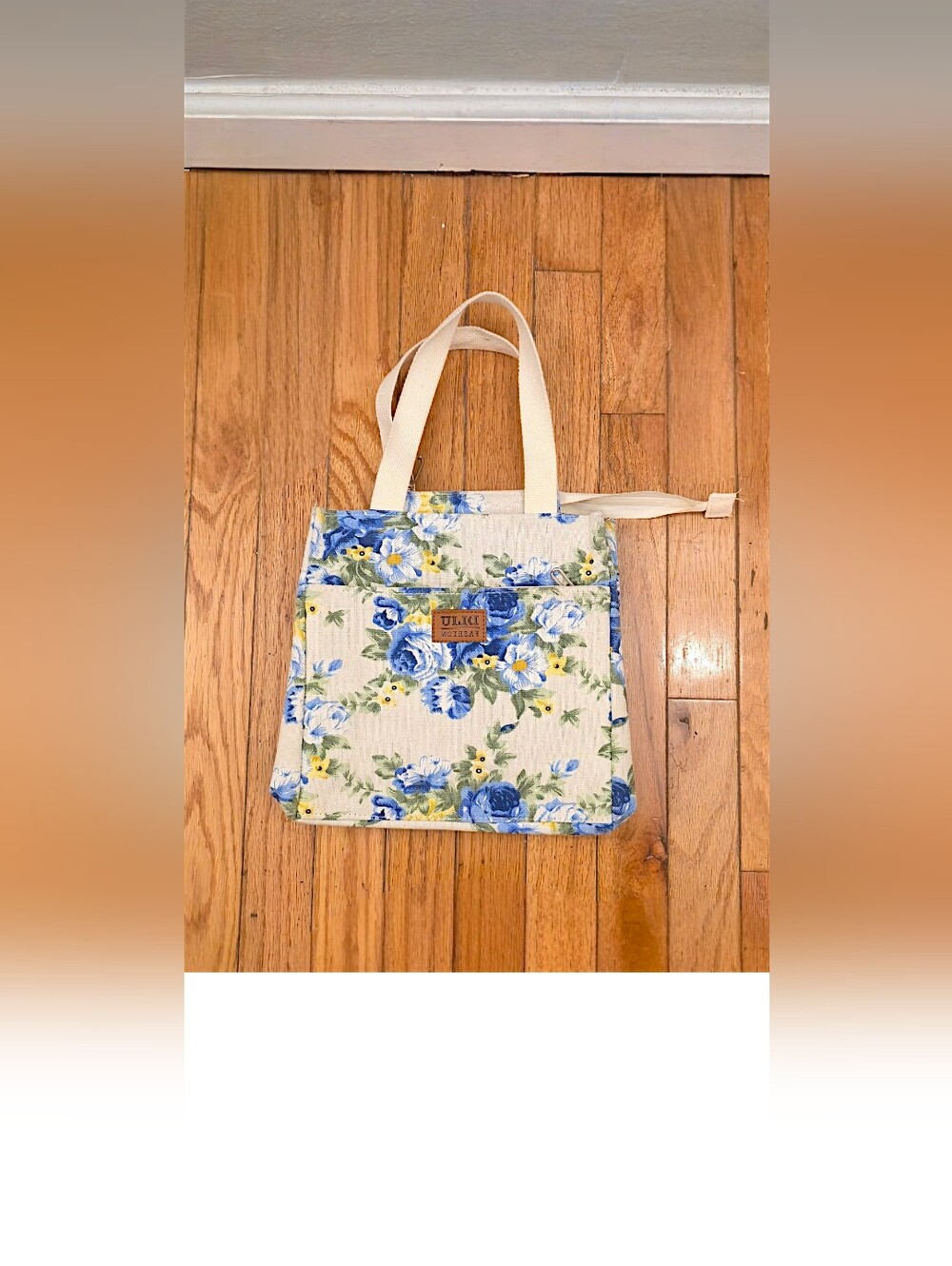 Blue Floral Canvas Tote Bag with Cream Straps
